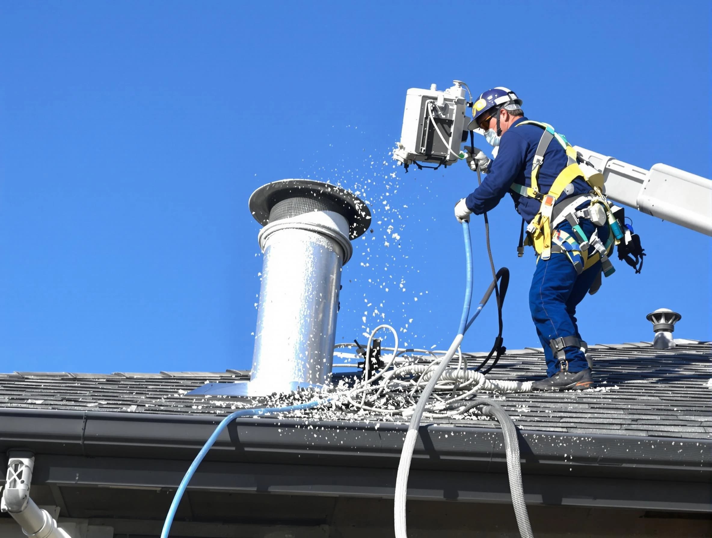 Easton Dryer Vent Cleaning certified technician safely cleaning a roof-mounted dryer vent in Easton