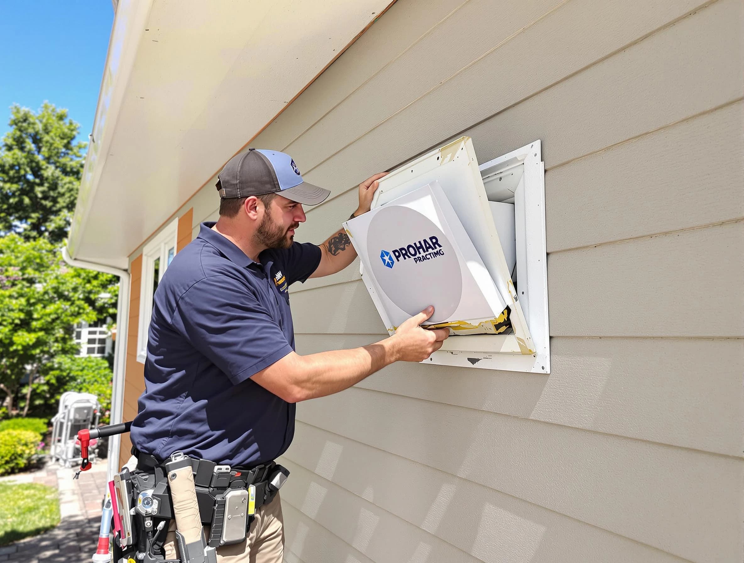 Easton Dryer Vent Cleaning technician installing a new protective dryer vent cover on a home in Easton