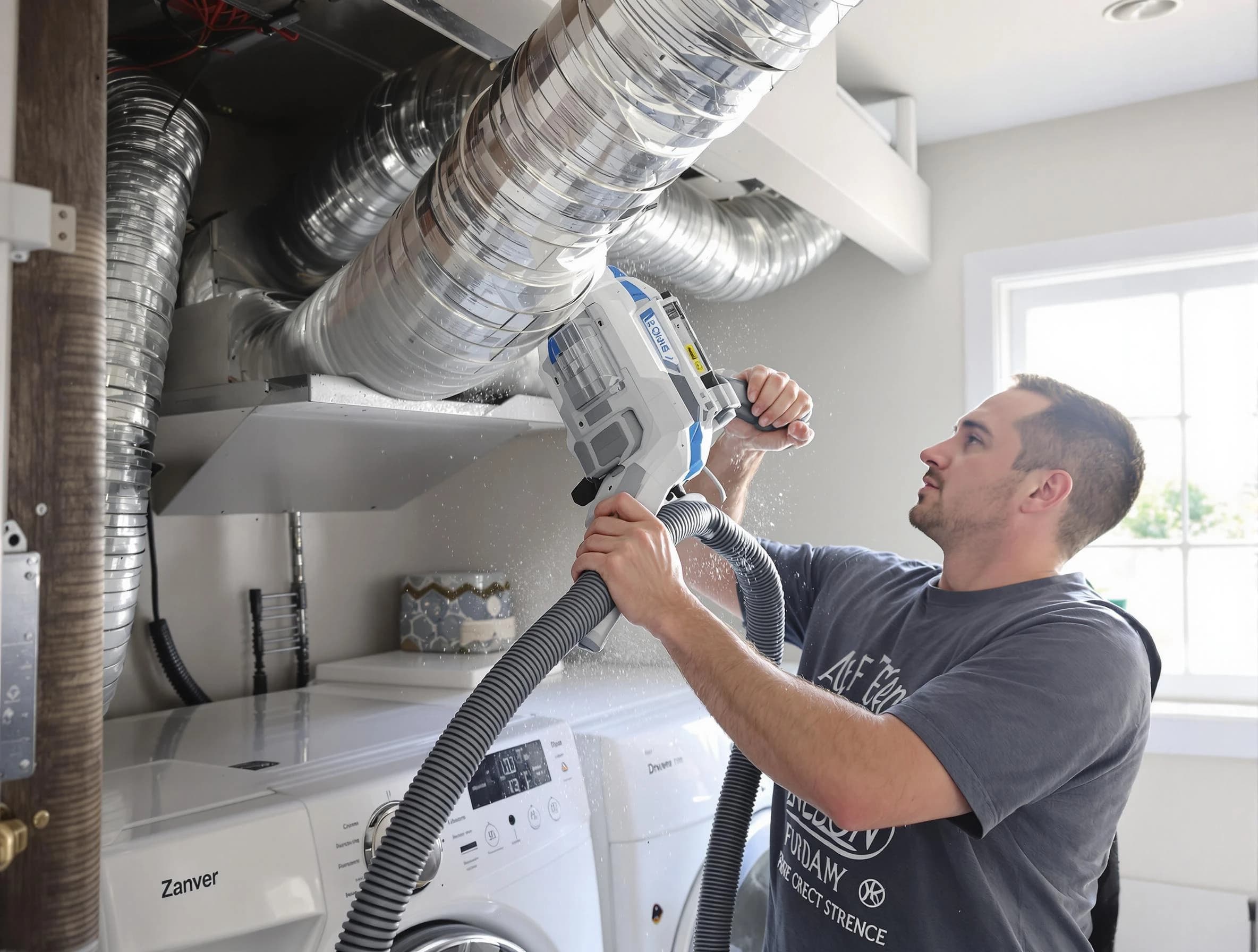 Easton Dryer Vent Cleaning specialist cleaning deep within a dryer vent duct system in Easton