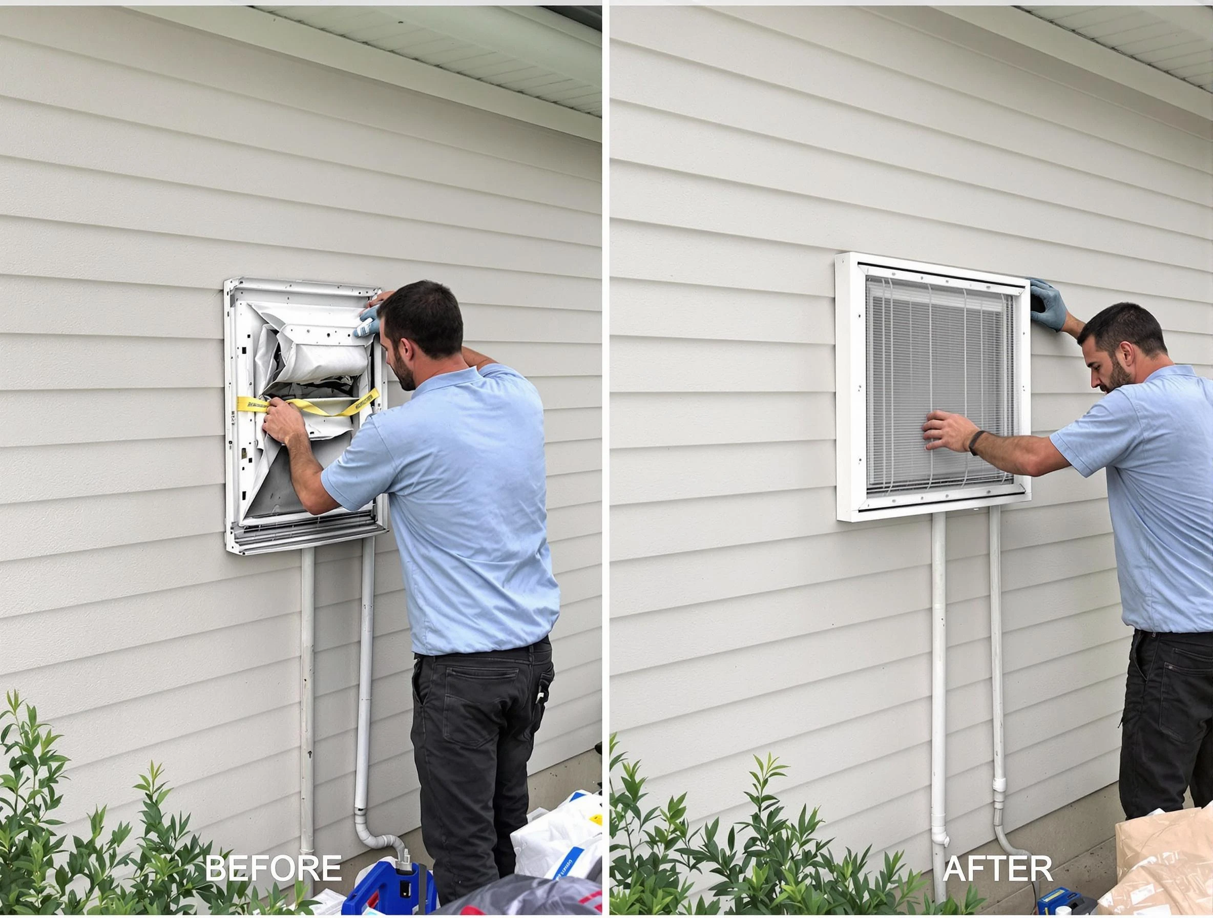 Easton Dryer Vent Cleaning technician installing high-quality dryer vent cover at a residential property in Easton